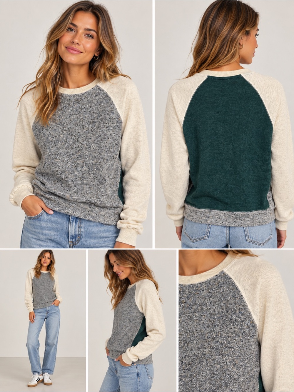 Pull&Bear Cream, Gray & Forest Green Colorblock Crew Sweater